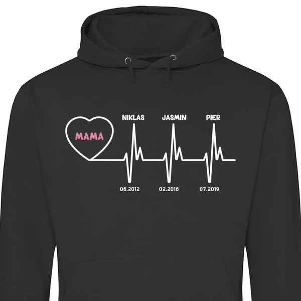 Herzschlag mit Kindernamen und Geburtstag - Personalisierbarer Hoodie (Unisex)