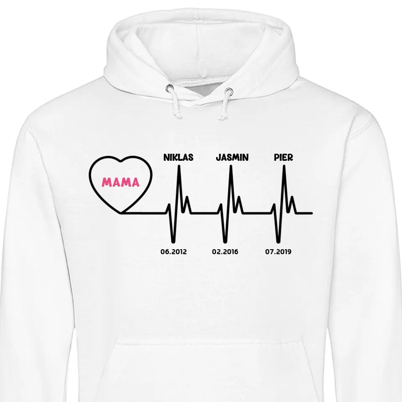 Herzschlag mit Kindernamen und Geburtstag - Personalisierbarer Hoodie (Unisex)